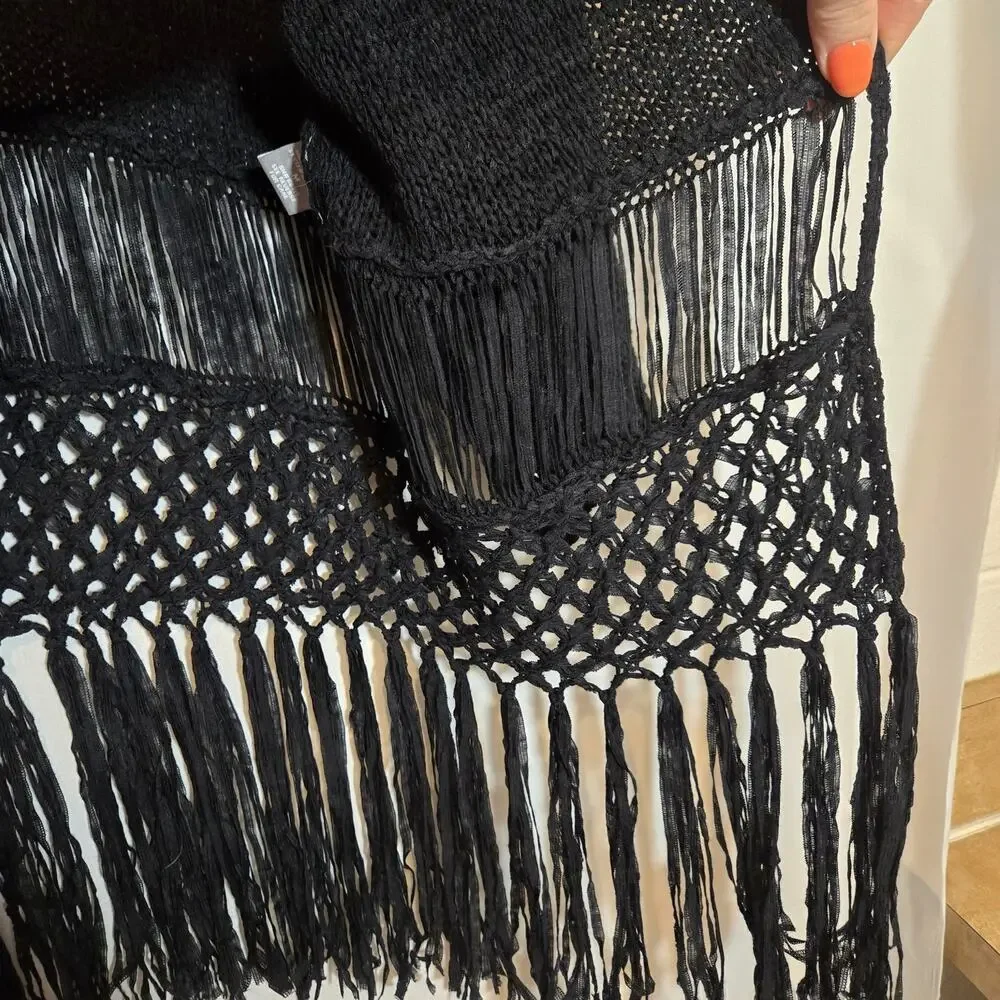 NY Collection Open Knit Cover Up Sweater Fringe Swim Beach Bohemian M - Picture 6 of 8